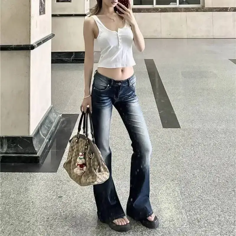 Women Fashion Washed Denim Flares Pants Korean Style Low Waist Slimming Wide Leg Jeans Female Streetwear Sexy Slim Y K Trousers