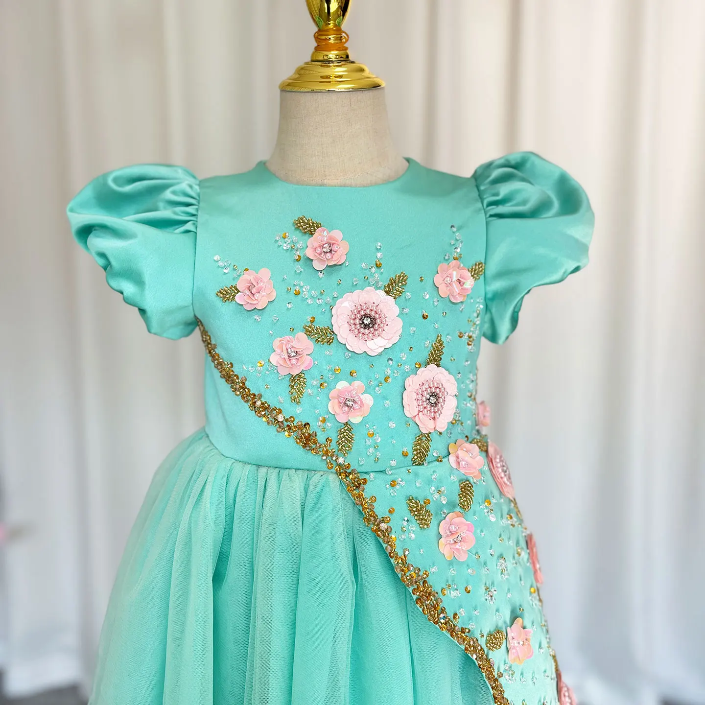 Jill Wish Luxury Turquoise Girl Dress Beadeds Arabic Nika Princess Kids Wedding Birthday Party Pageant Communion Gown 2024  J143