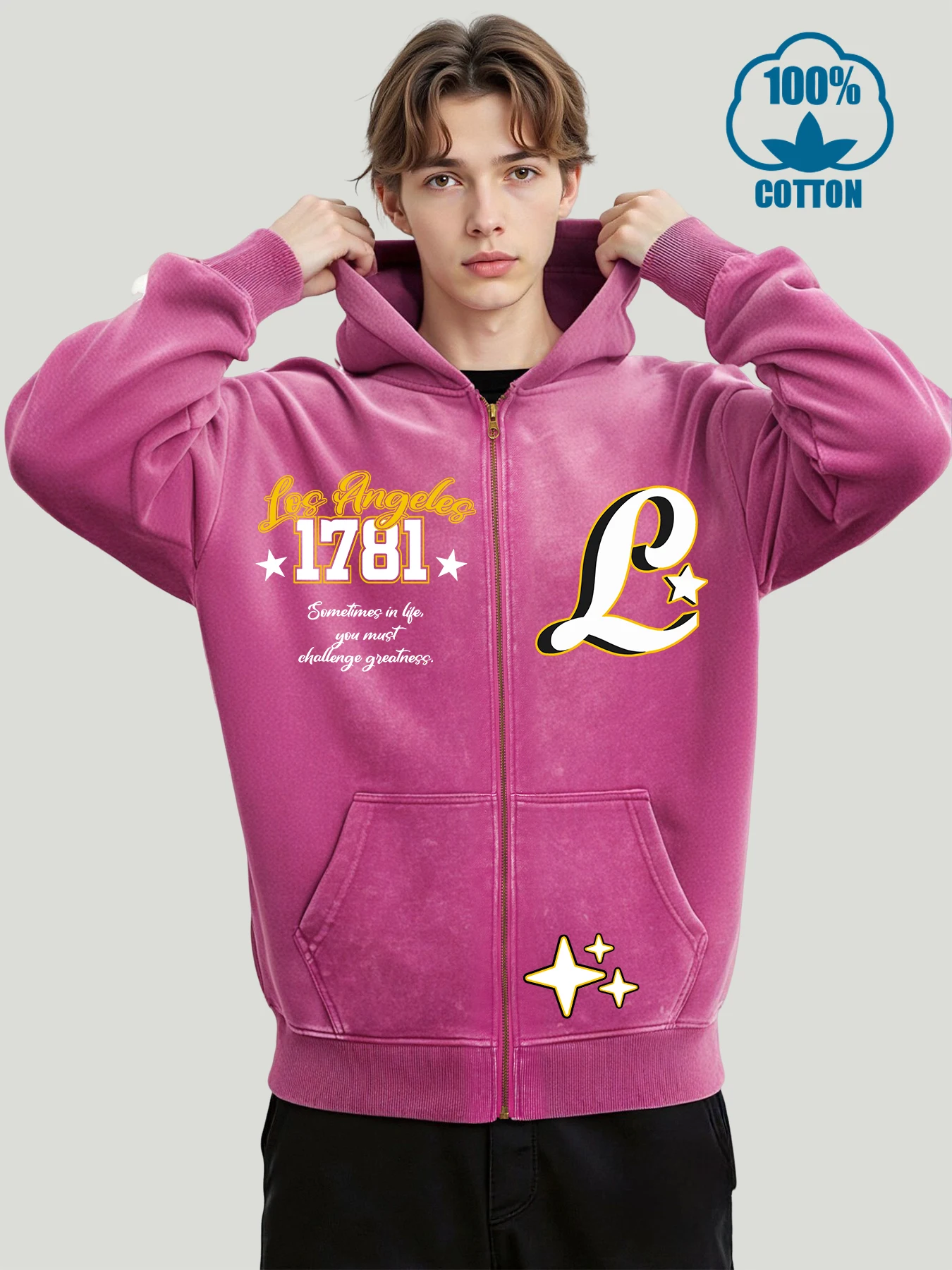 

Мужские потертые толстовки на молнии с буквенным принтом L и пентаграммой, осенний хлопковый топ, повседневные модные куртки, свободная спортивная одежда с потертостями