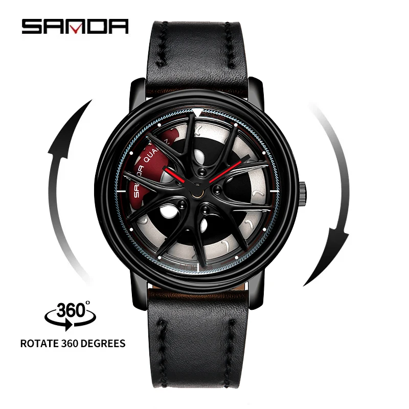 SANDA P1025 2023 Men\'s Quartz Watches Unique Real 3D Model Spinning Car Wheel Hub Luxury Japan Waterproof Super Rim Wristwatches