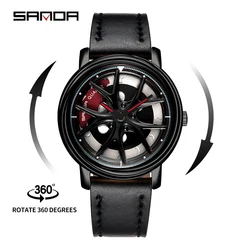 SANDA P1025 2023 Men's Quartz Watches Unique Real 3D Model Spinning Car Wheel Hub Luxury Japan Waterproof Super Rim Wristwatches