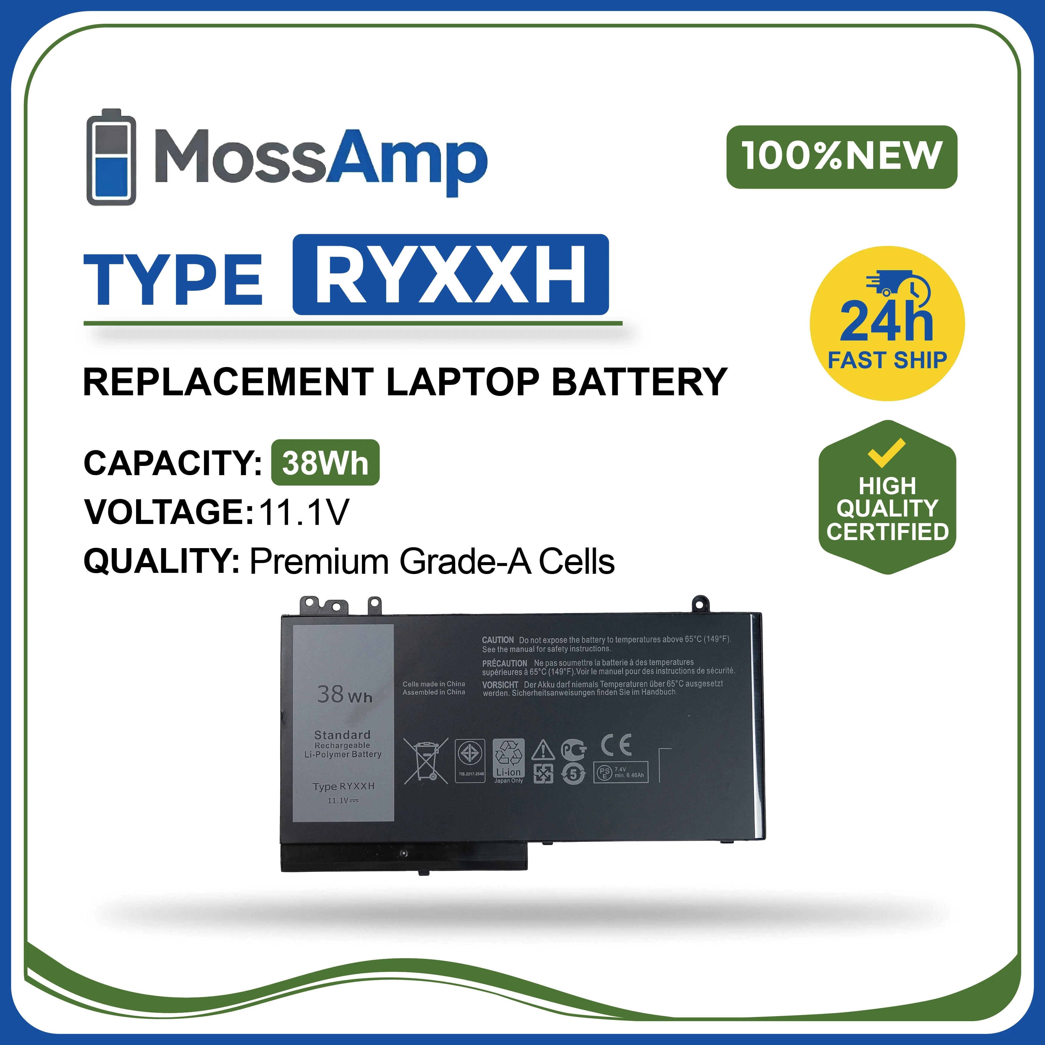 MossAmp RYXXH para DELL Latitude 11 3150 3160 12 E5250 5000 5250 14 E450 5000 5450 15 E5550 5000 5550 compatible con 9P4D2 0RYXXH VY9ND