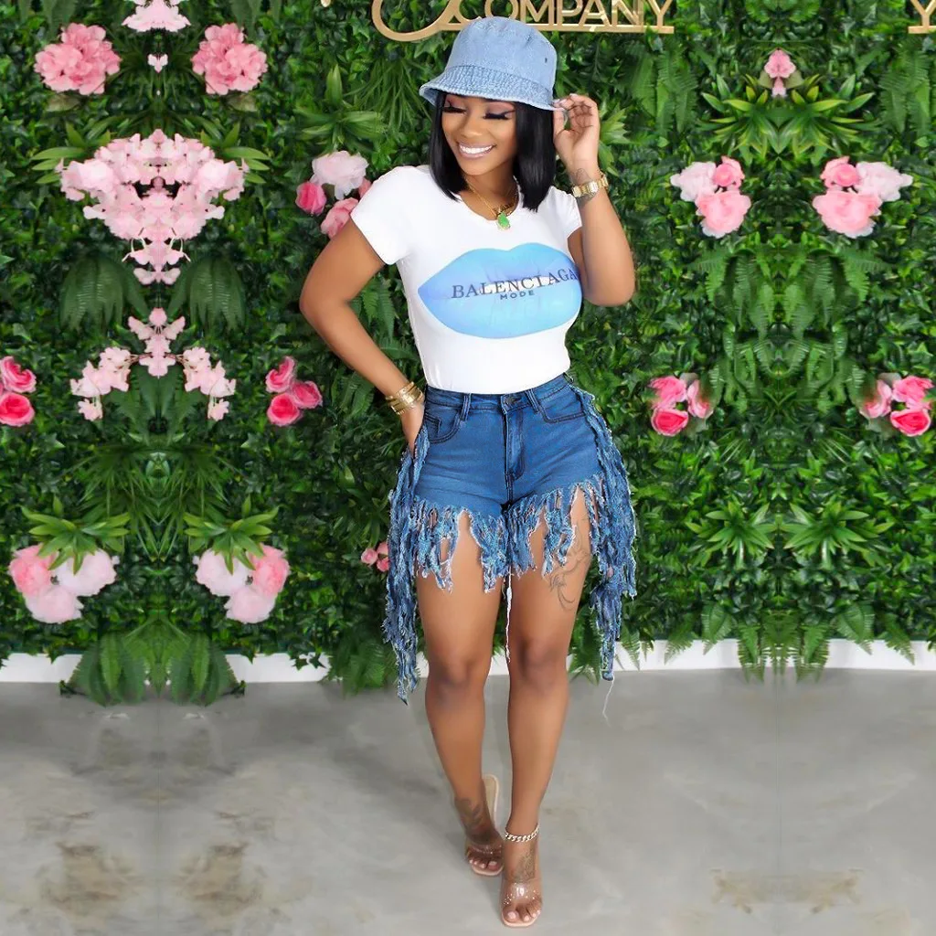 Pantalones cortos de mezclilla para mujer, pantalones cortos empalmados con borlas y bolsillos con botones, pantalones vaqueros irregulares informales lisos de calle alta, Regular, verano 2025