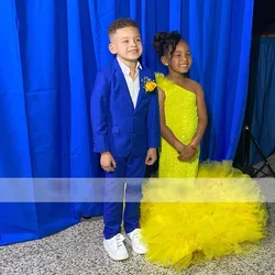 Vestido largo de tul con lentejuelas para niña pequeña, traje de fiesta de cumpleaños, color amarillo, con un hombro al descubierto, para fiesta de graduación