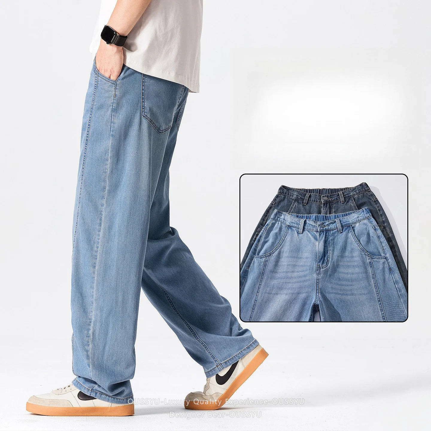 Brand Clothing Luxury Summer Lyocell Denim Jeans Men Baggy Straight Pants Business Elastic Waist Casual Design Trousers Man 2026