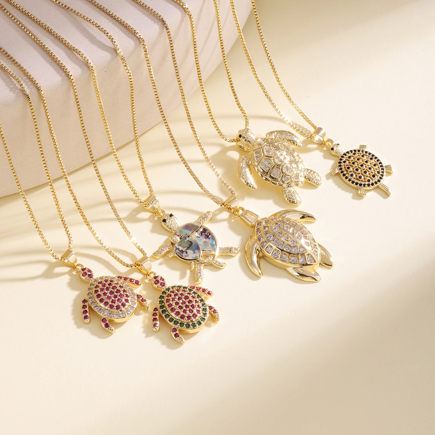 Nidin 6 Styles Sea Turtle Pendant Necklace Cubic Zirconia & Abalone Shell Inlay Tortoise Choker Neck For Women Beach Jewelry
