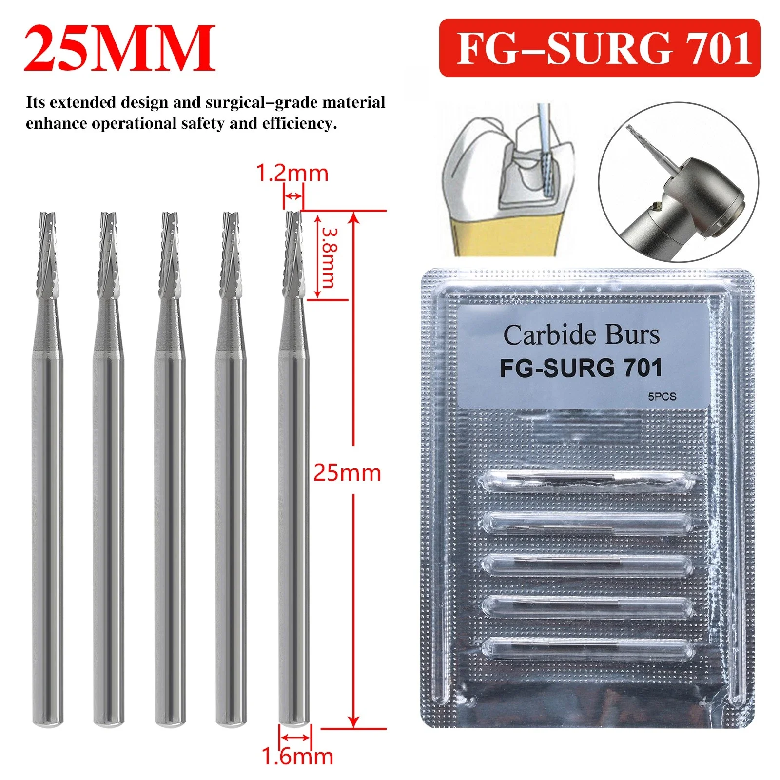 10 Packs/50PCS Dental Surgical Bur Long 701 Carbide Burr 25mm For High Speed/45Degree/Electric Handpiece