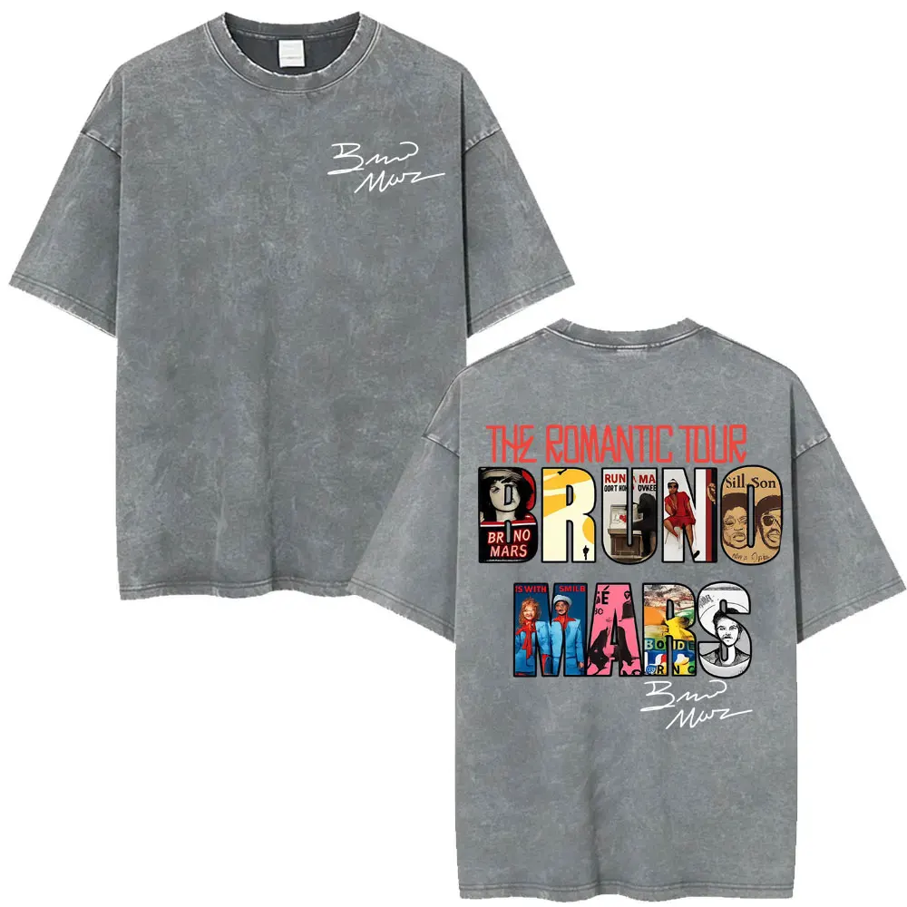 Bruno Mars The Romantic Tour 2026 Album Cover Vintage Washed T Shirts Men's Clothes Fashion T-shirts Summer O-Neck Loose T Shirt
