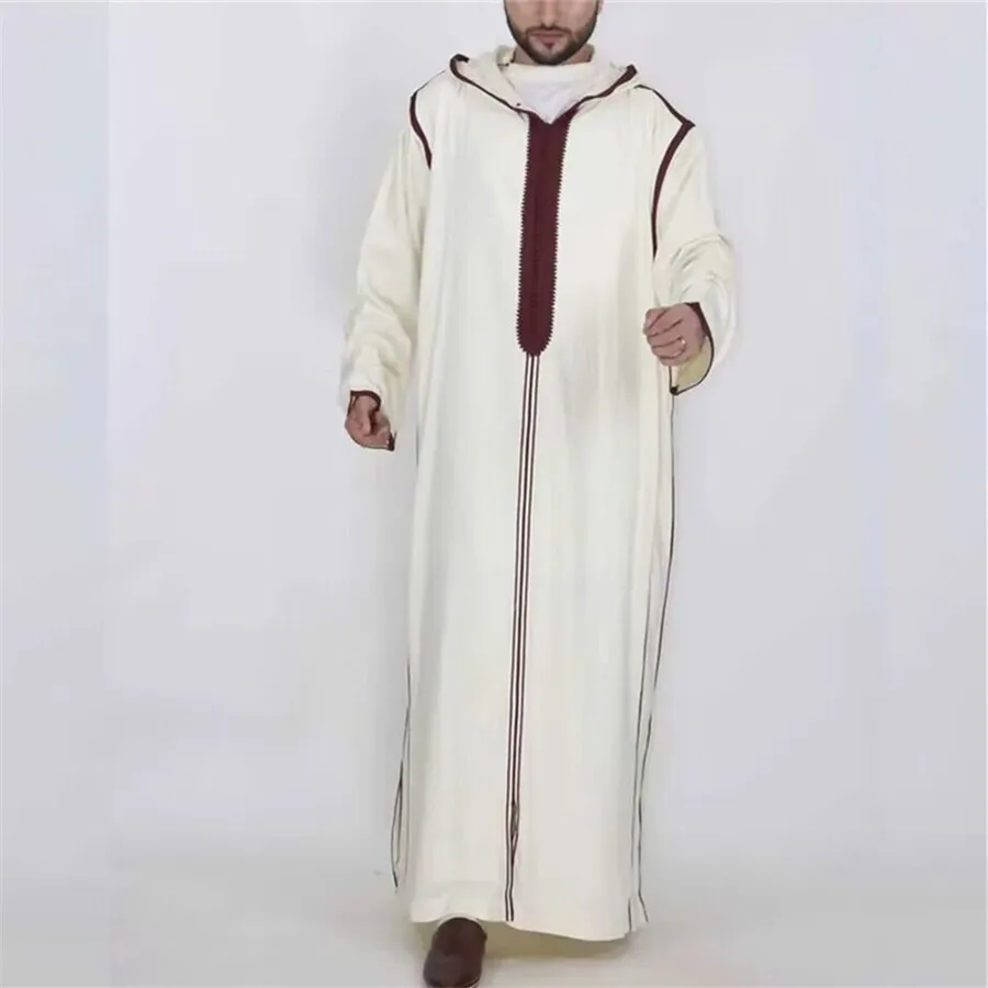 Thobe musulman pour hommes, Robe du Ramadan, Kaftan beige pour hommes, Arabie saoudite, Turquie, Abaya islamique, Robe à capuche décontractée pour