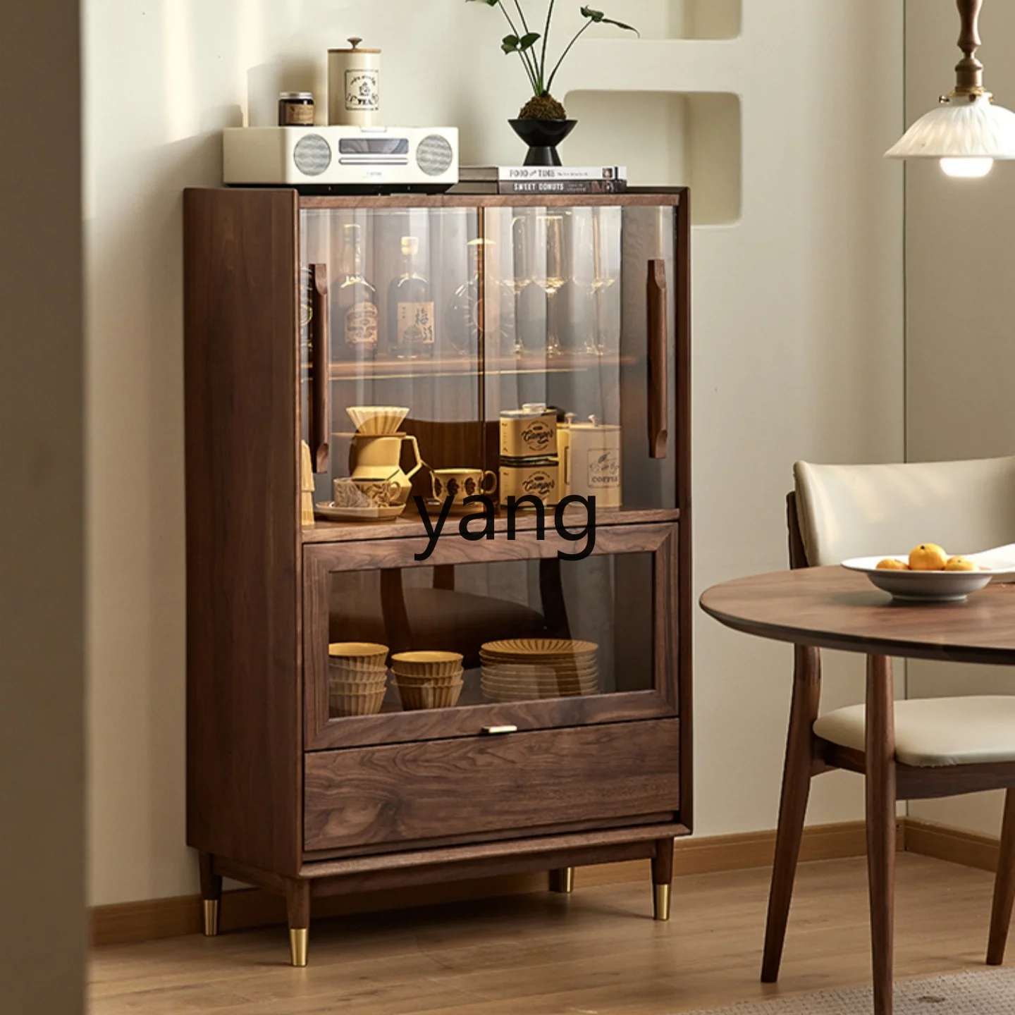 

YHM Solid Wood Wine Glass Sliding Door Retro Simple Storage Cabinet Decorative Organizer