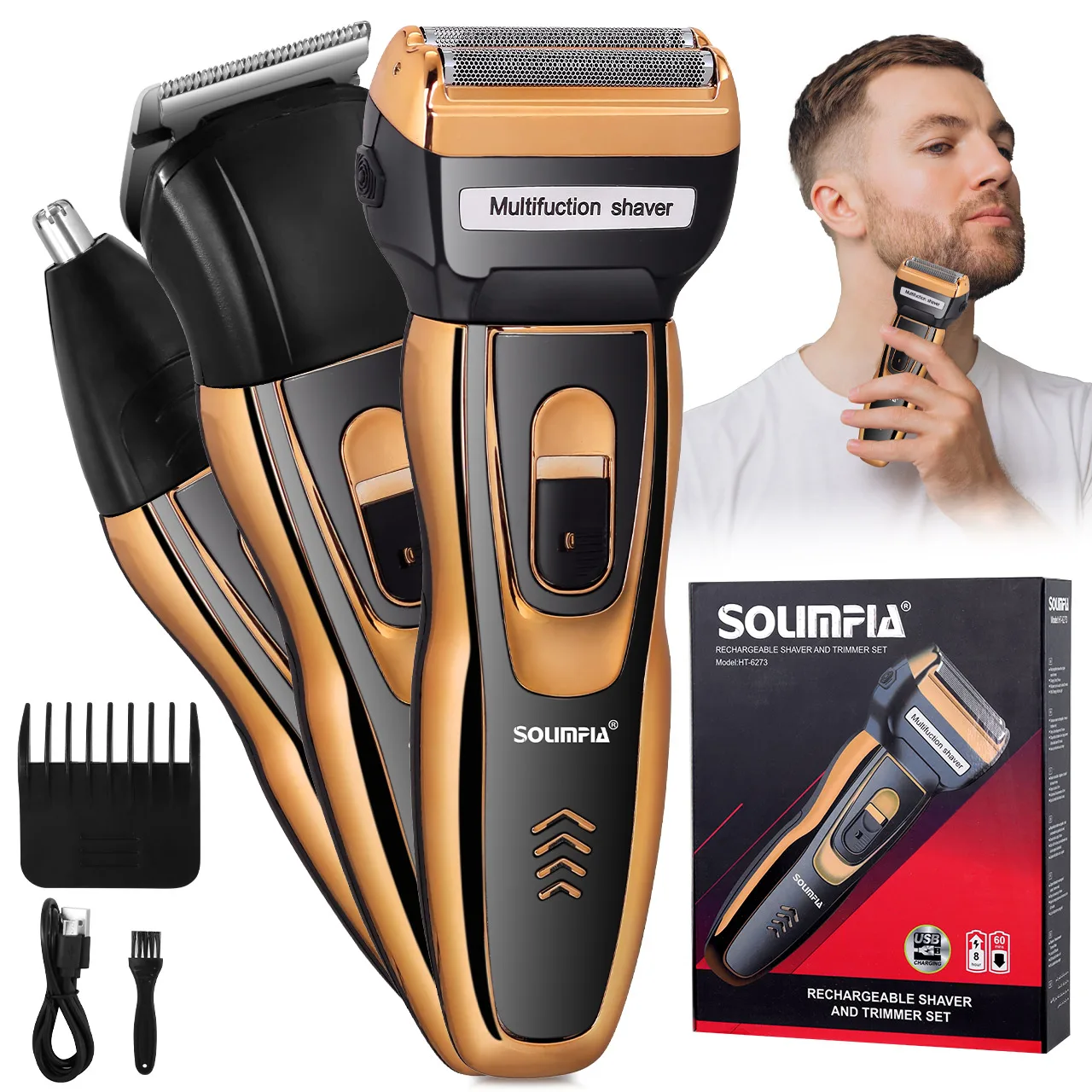 Solimpia 3-in-1 Electric Shaver for Man Rechargeable Intelligent Reciprocating Type Razor Digital LCD Display Shaving Machine