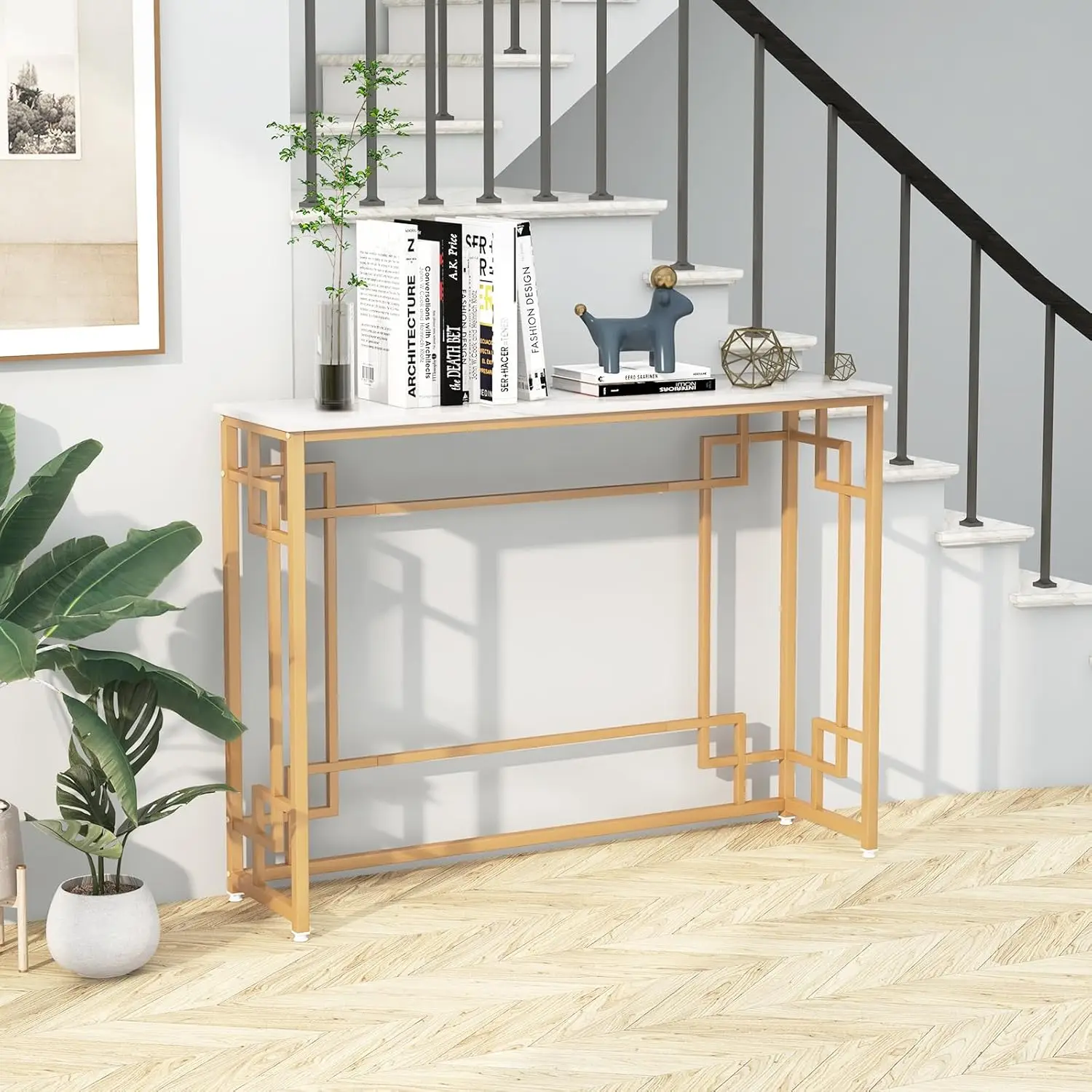 43.5-Inch Console Tables For Entryway - Foyer Table With Adjustable Foot Pads, Golden Metal Frame, Faux Marble Top, Modern Long