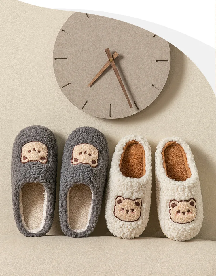 Cartoon Cute Bear Plush Slippers Warm Cotton Sherpa Antiskid Couples House Comfortable Shoes for Winter Autumn Half Bench Shoes