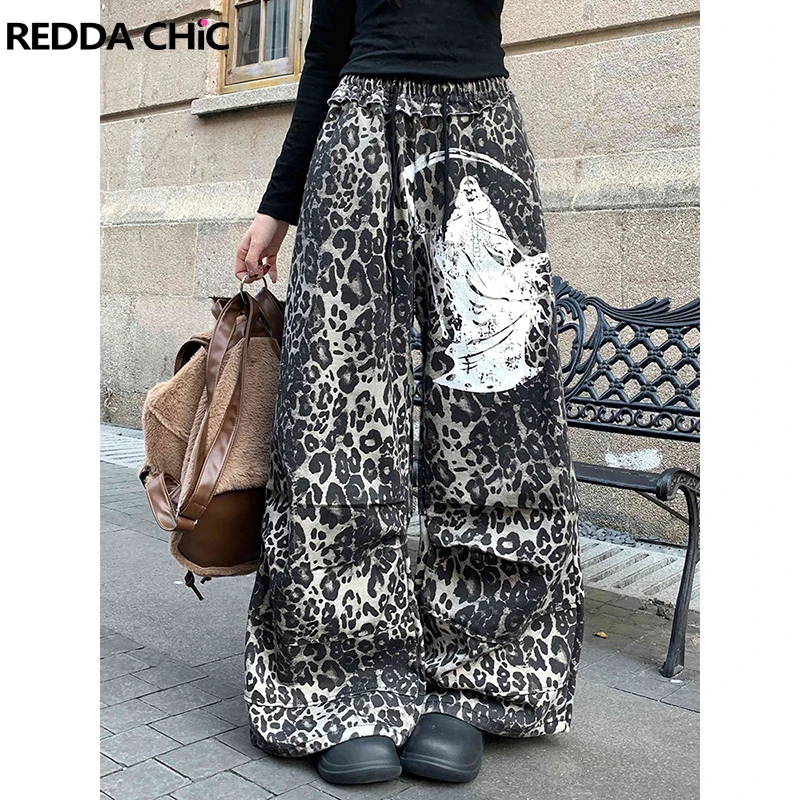 

ReddaChic Retro Leopard Parachute Pants Character Print Elastic Waist Straight Baggy Pants Joggers Harajuku Y2k Women Clothes