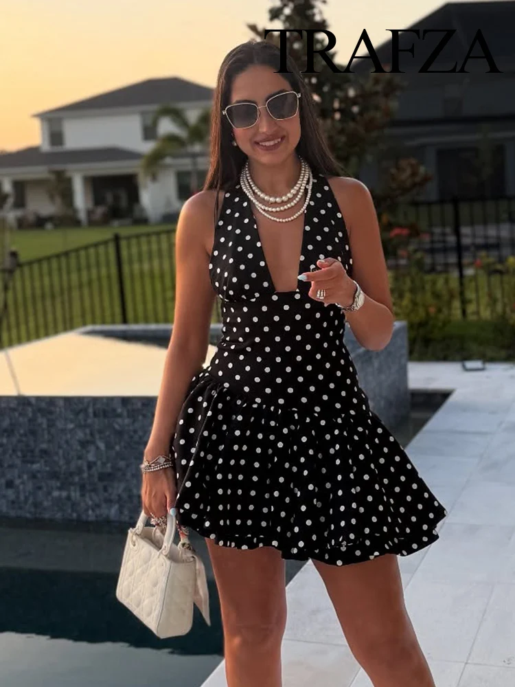 

TRAFZA Female Vintage Asymmetrical Polka Dot Hanging Neck Layered Decoration Dress Female Sexy Backless Party Sleeveless Dress