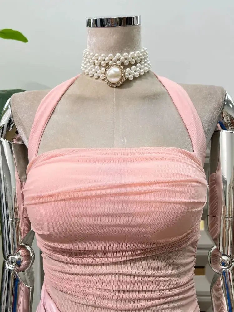 신상 여성 우아한 핑크 섹시 홀터 백리스 메쉬 시스루 파티 드레스 생일 연예인 이브닝 프롬 웨딩 드레스