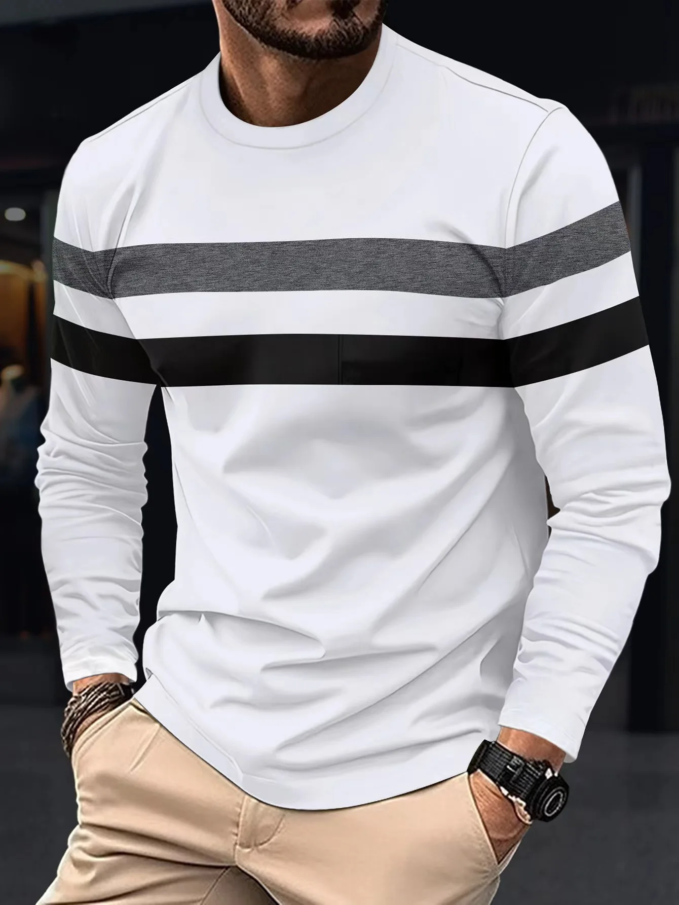 2024 Spring and Autumn New Men\'s Casual Round Neck Long Sleeve T-shirt Color Blocked Fashion Sports Base Shirt Thin Top