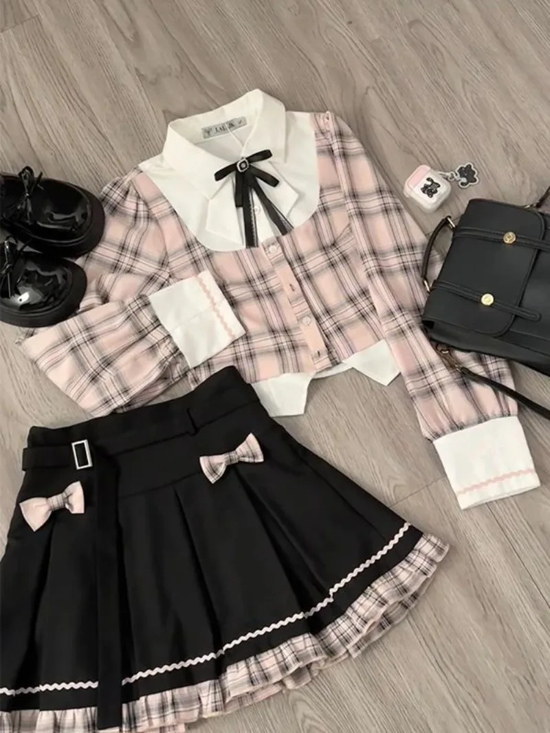 Sweet College Plaid Patchwork Shirt Pleated Skirt Two-piece Set Women Korean Fashion Bow Retro Tie Cute Temperament Autumn Suit