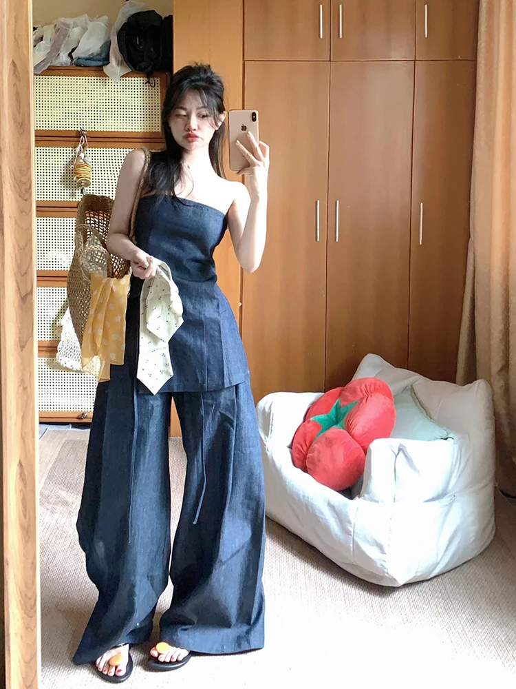 Set Celana Kulot Wanita Musim Panas 2025 Warna Polos dengan Belahan Samping, Atasan Modis dengan Tekstur Drapey, Gaya Korea, Dua Potong