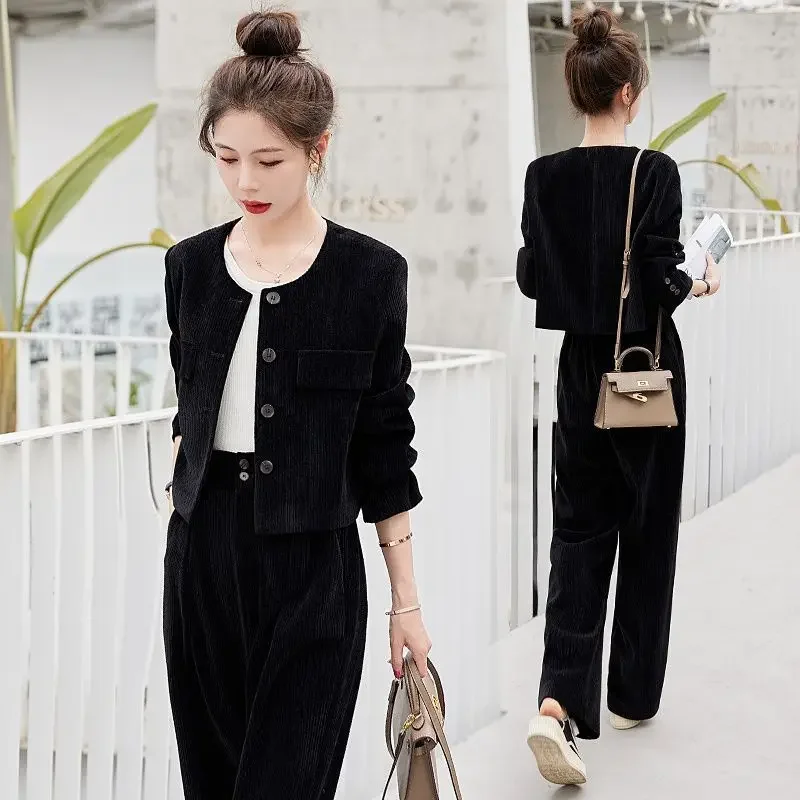 Lnsozkdg Autumn Corduroy Sets Cardigan Coats + Wide Leg Pants 2Pcs Suit Solid Ladies Elegant Outfits Female Fashion Streetwear