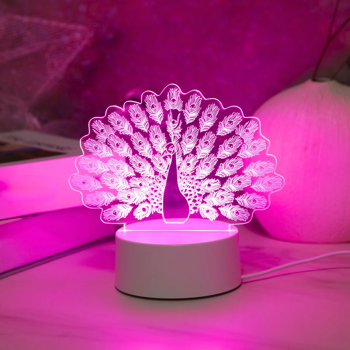 طاووس وردي ثلاثي الأبعاد ، ضوء ليلي إبداعي ، يعمل بمنفذ USB ، ديكور غرفة نوم وغرفة معيشة ، هدية عيد ميلاد ، هدية مهرجان