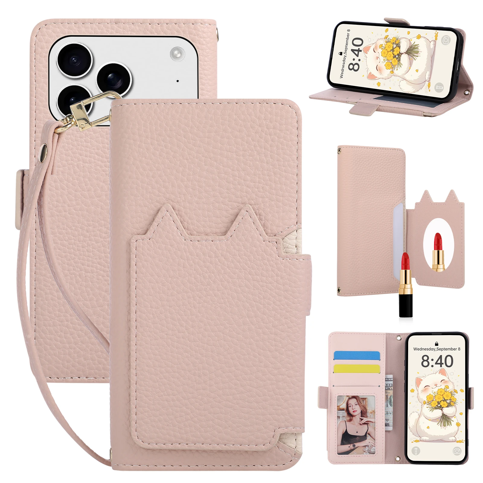 Cute Cat Flip Card Slot Wallet Leather Phone Case for iPhone 18 Pro Max 17 16 15 14 13 12 Shockproof Strap Book Stand Slim Cover