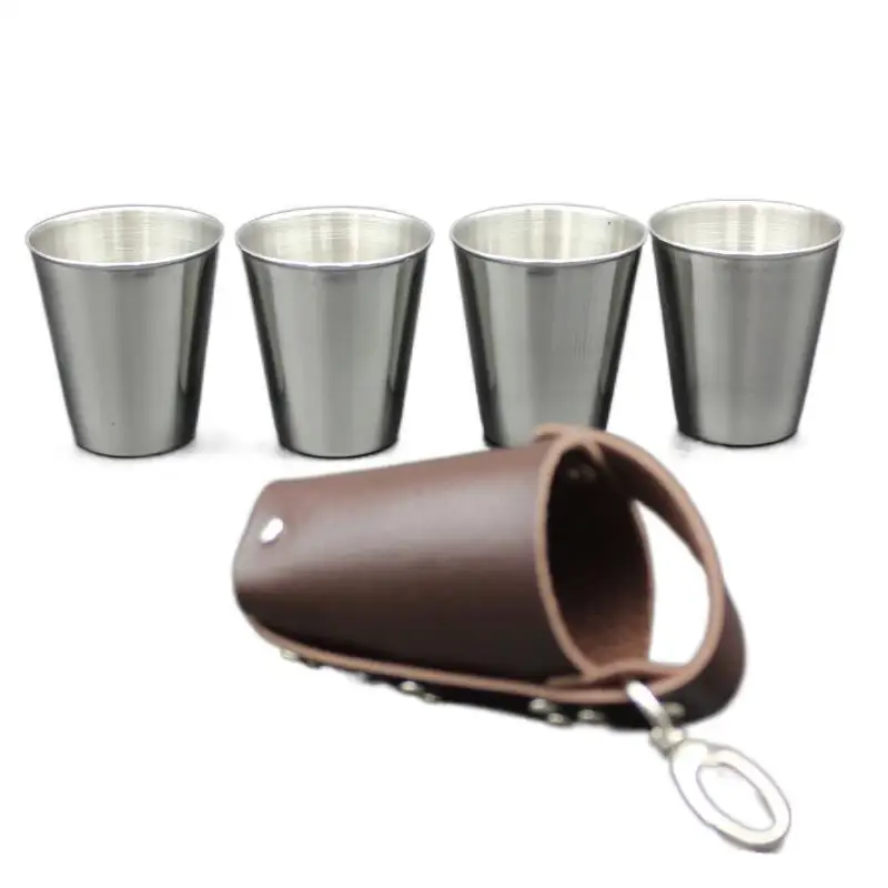 4 PCS 70ml Metal Stainless Steel Mug Portable Camping Coffee Whisky Wine Drinking Beer Tea Cup With Leather Bag Hiking Picnic