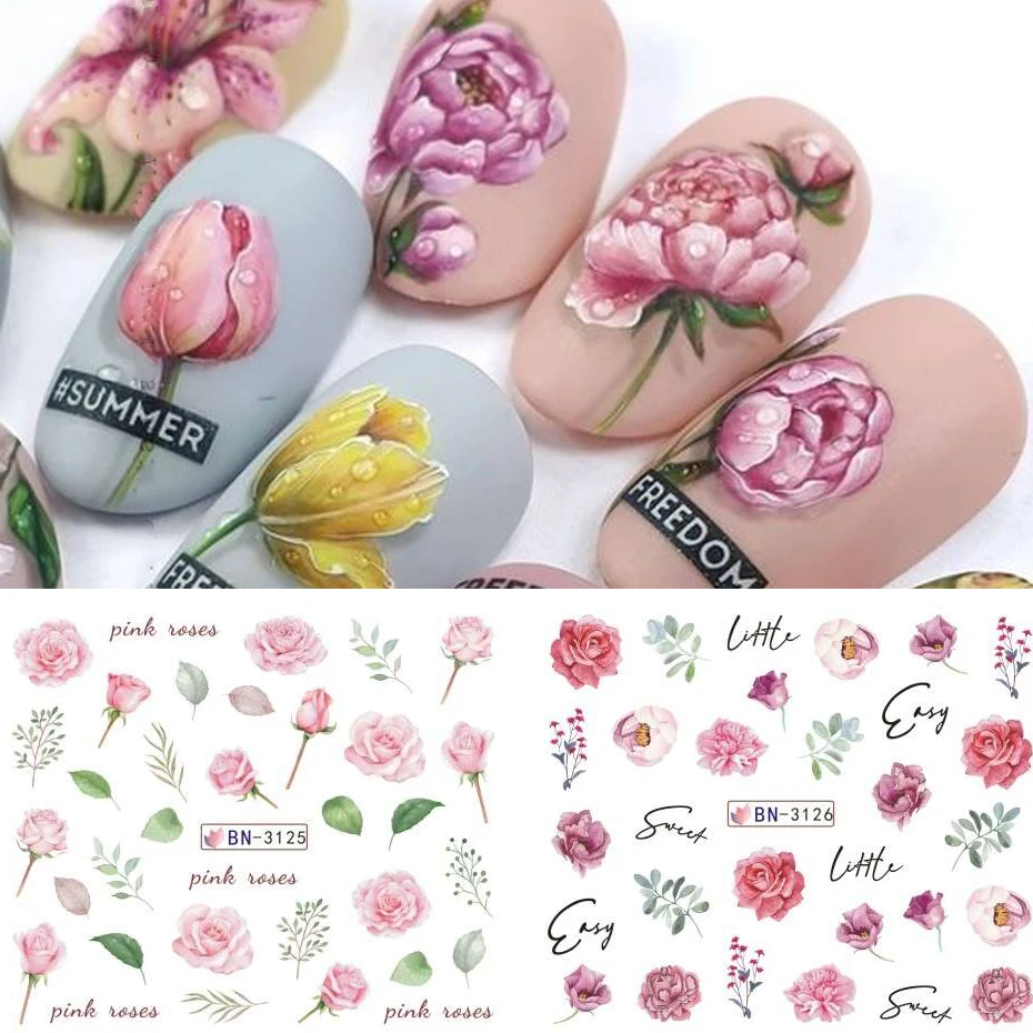 12 pcs Summer Flowers Nail Art Stickers Water Transfer Sliders Rose Sakura Daisy Lavender Nail Decals Tattoo Manicure Decoration