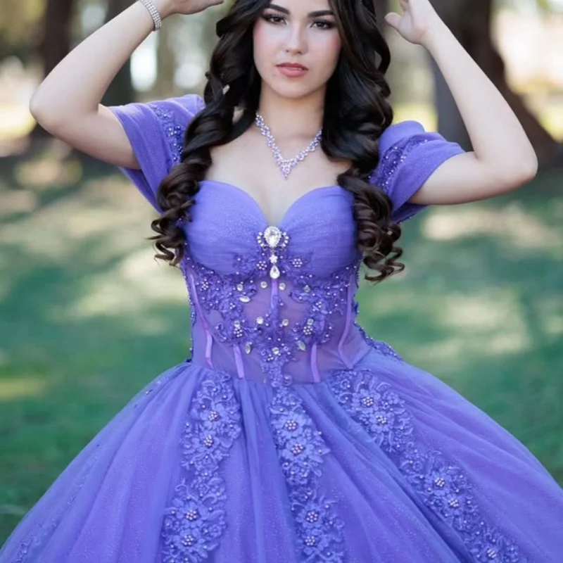 

Simple Purple Quinceanera Dress off-shoulder Glitter Decal 3D Flower Long tail Bow Vestidos De 15 Quinceanera ﻿Customize
