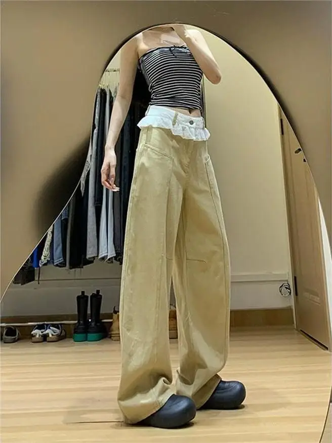 

Retro American Khaki Wide Leg Denim Jeans High Waist Straight Floral Patchwork Women's Loose Fit Trousers