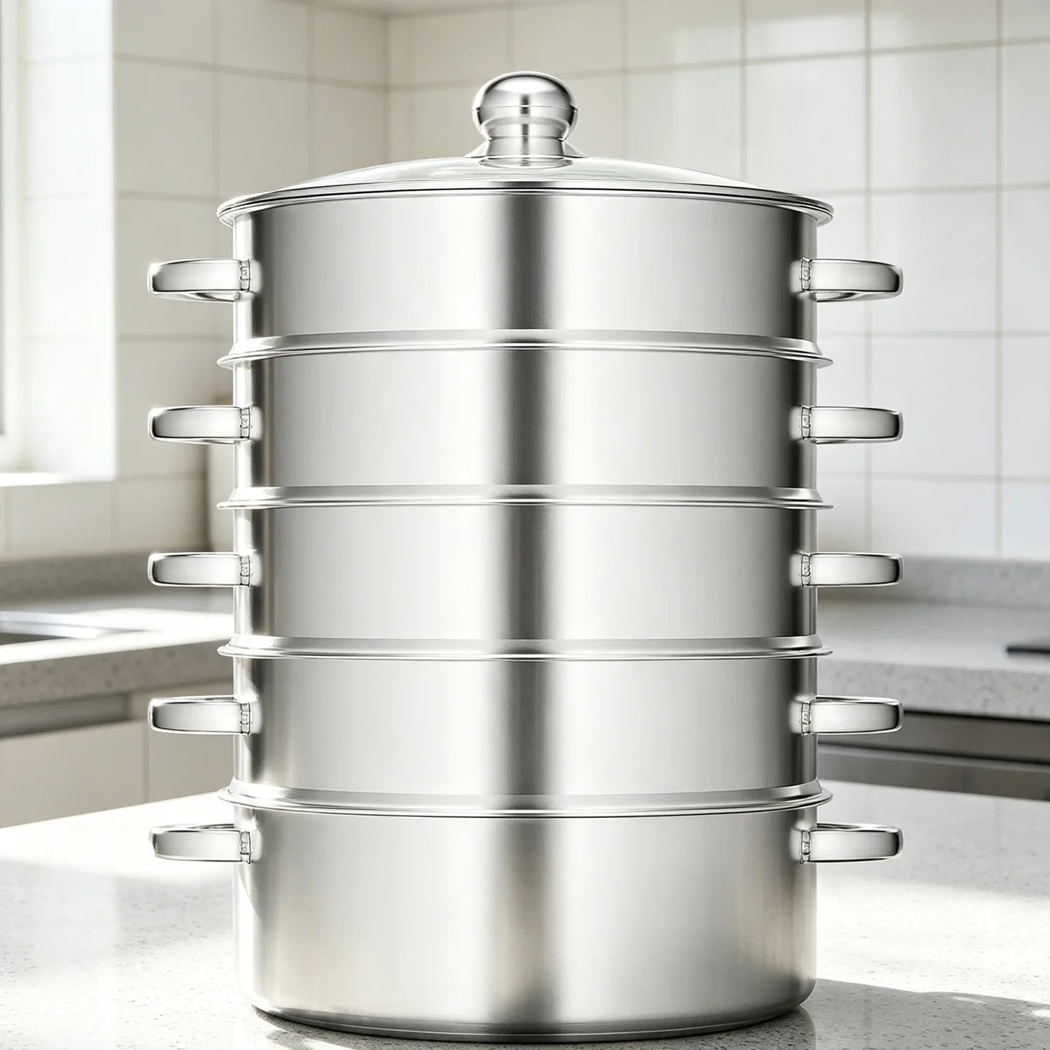 5-Tiers Stainless Steel Steamer 11in Diameter Large Stackable Steaming Pot with Anti-Scald Handles for Vegetables Dumplings Fish Silver