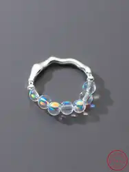 Real 100% 925 Sterling Silver Crystal bead wave Rings For Women Aurora color Fashion Fine Jewelry Party Elastic rope Adjustable