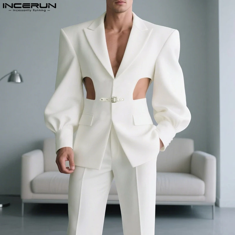 

INCERUN Men Blazer Solid Color Hollow Out Lapel Long Sleeve Casual Male Suit Streetwear Autumn 2025 Fashion Thin Coats Men S-5XL