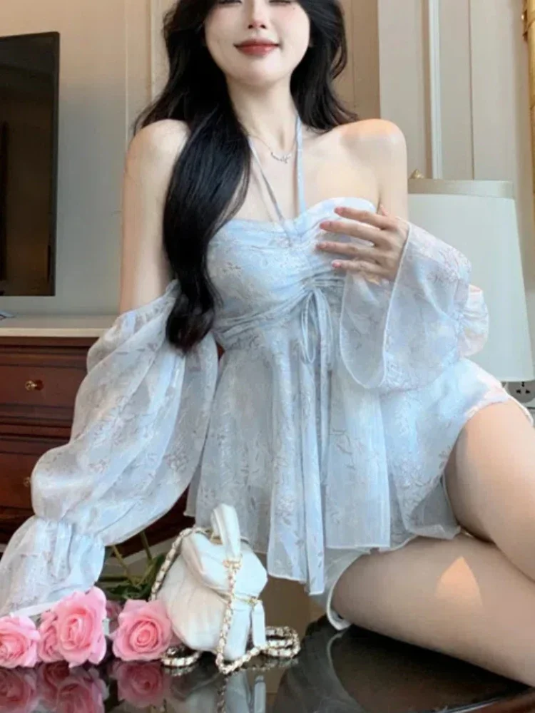 

Chiffon Sweet Sexy Chiffon Blouse Women Summer New Korean Fairy Floral Tops Female Design Korean Beach Boho Blouse Shirt 2024