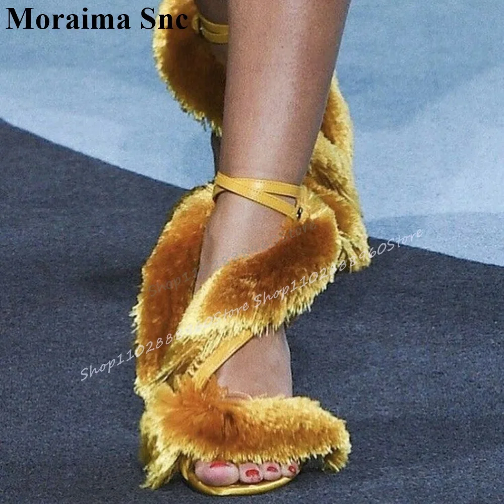 

Luxury Yellow Furry High Quality Sandals Thin High Heel Women Shoes Ankle Buckle Strap Open Toe 2025 Fashion Zapatos Para Mujere
