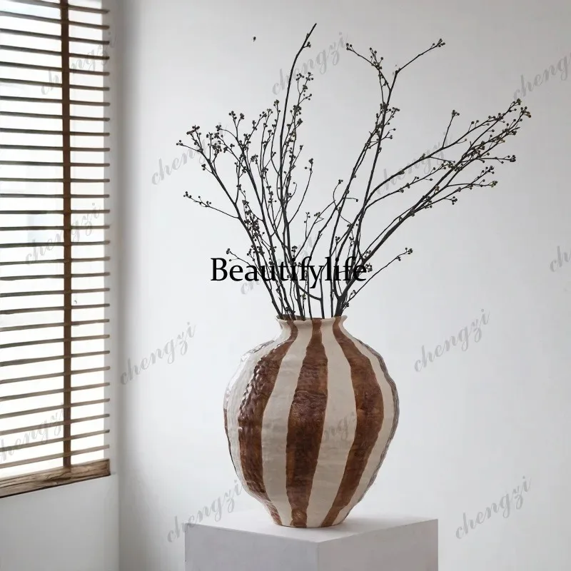 Q181 Wabichu New Chinese-style retro striped big-bellied ceramic vase flower ware hotel  Club