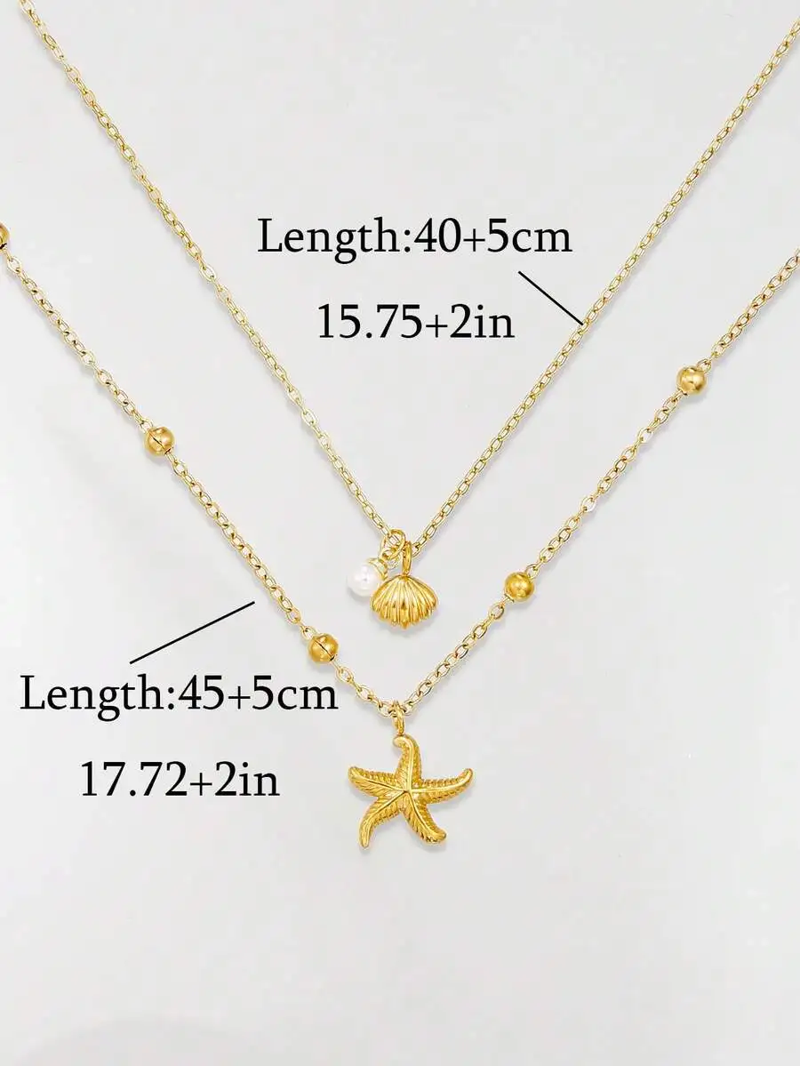 2pcs Seashell Necklace Set For Women Adjustable Starfish Seashell Faux Pearl Pendant Necklace Jewelry For Summer Beach Holiday E view 5