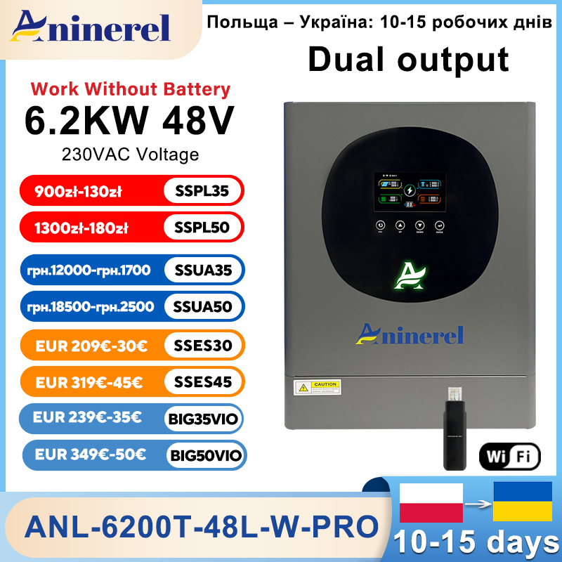  Aninerel 4.2KW 24V 6.2kw 48V Hybrid Solar Inverter Dual Output Color LCD Display With RGB Lighting MPPT 120A 100A PL EU In Stock 