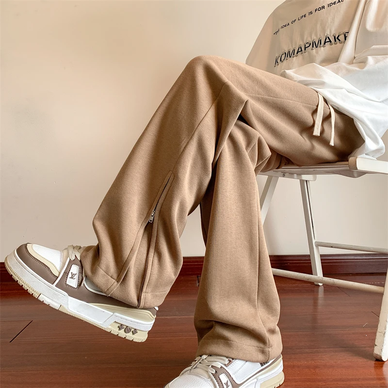 Spring Straight Sweatpants Men's Fashion Zipper Design Wide-Leg Mopping Casual Pants Trendy Male Solid Color Loose Trousers