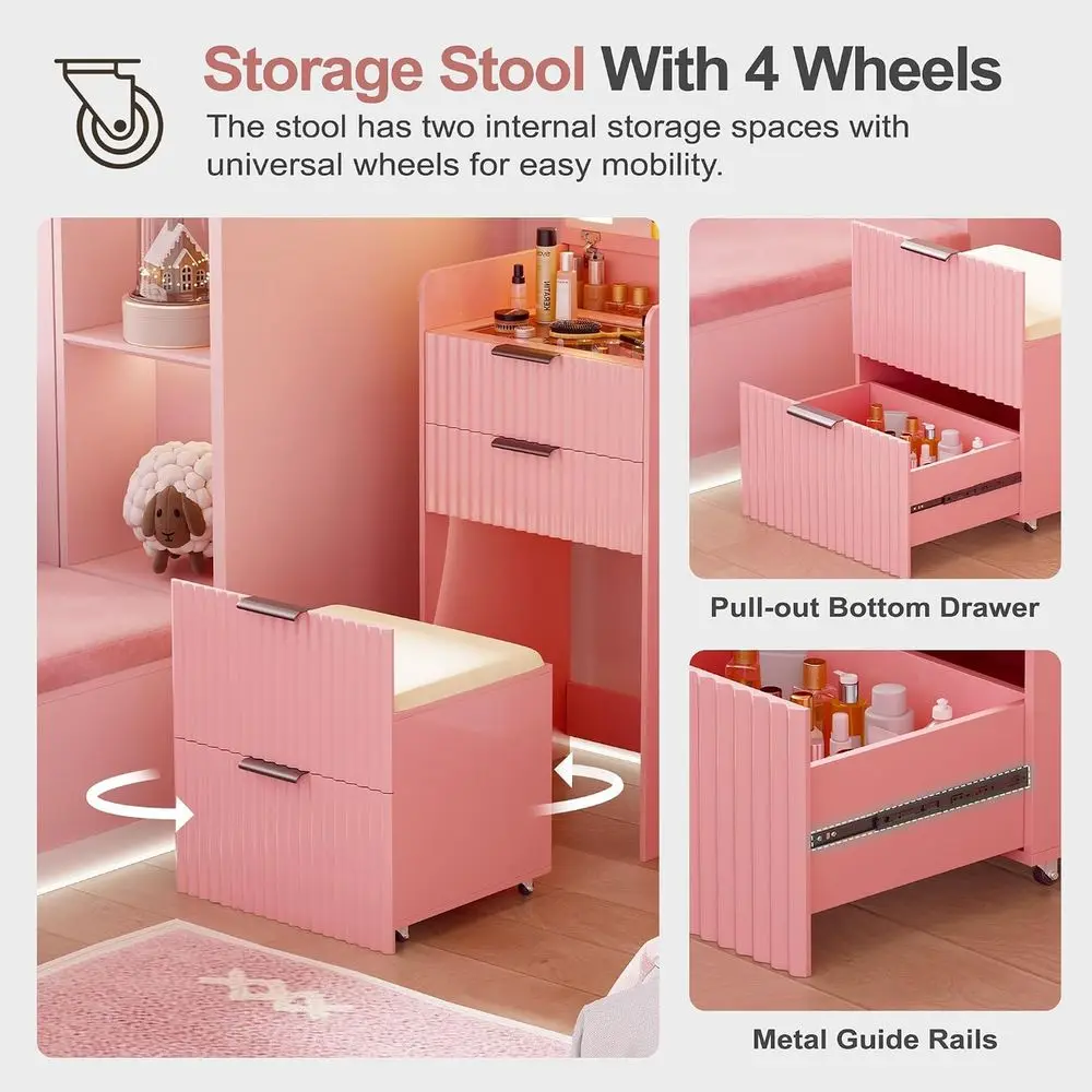 3 in 1 Small Vanity Desk with Plip Top Mirror & 3 Ders or Bedroom,Pink | Makeup Vanity with Visible Glass Desktop,Compact Vanity view 5