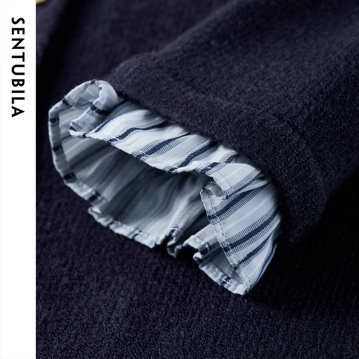SENTUBILA Navy Blue Cardigan For Women 2025 New Knit Patchwork 2 In 1 Single Button Ruffled Collar Female Jumpers W53H80402