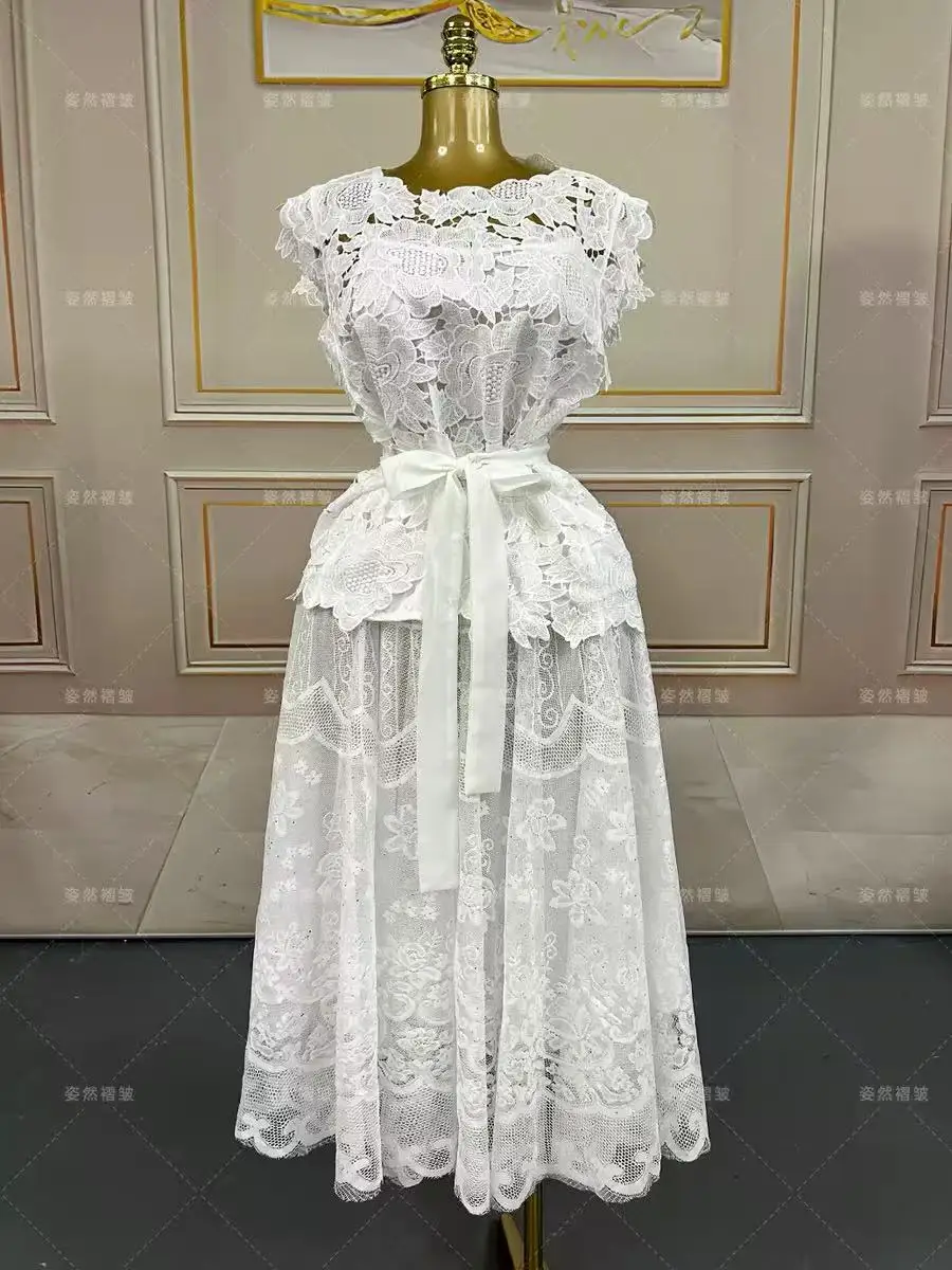 Miyake Lace Summer New 2026 Heavy Industry Two-piece Set Skinny Top Round Neck Custom Diamond Skirt Set