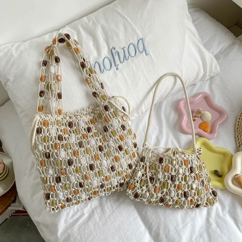 

Women's Cream Rope-Woven Colorful Bead Drawstring Shoulder Bag Vacation Fresh Aesthetic Daily Beach Shopping Bag 2026 New Trend