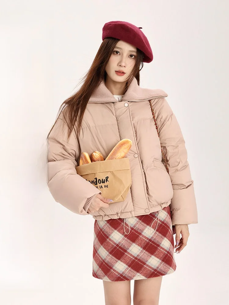 

Pink Knitted Stand Collar down Jacket Short Thickened White Duck Feather Women's Fashion Commute Style Fleece Lined Zipper Coat