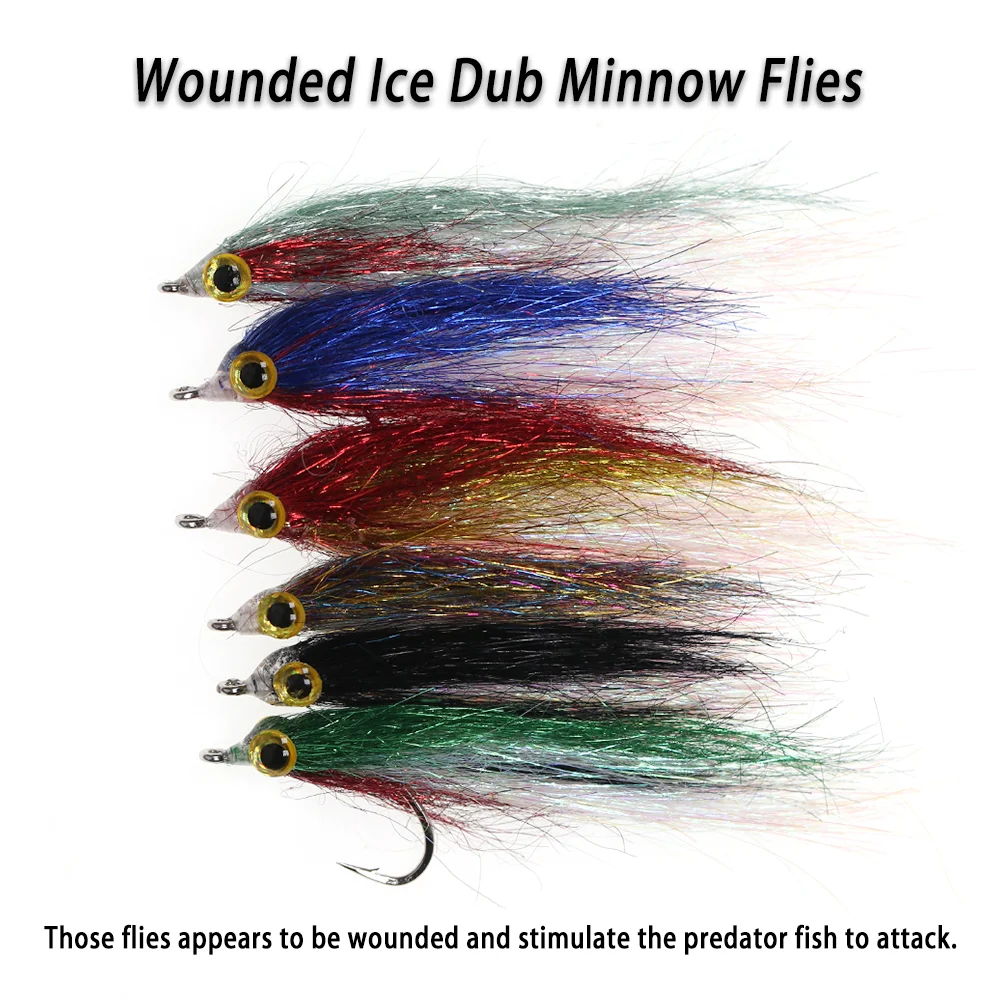 Vampfly Wounded Ice Dub Minnow Flies Slowly Sinking Carbon Steel Hook Bait Fishing Flies For Bass Trout Saltwater Fishing Lure