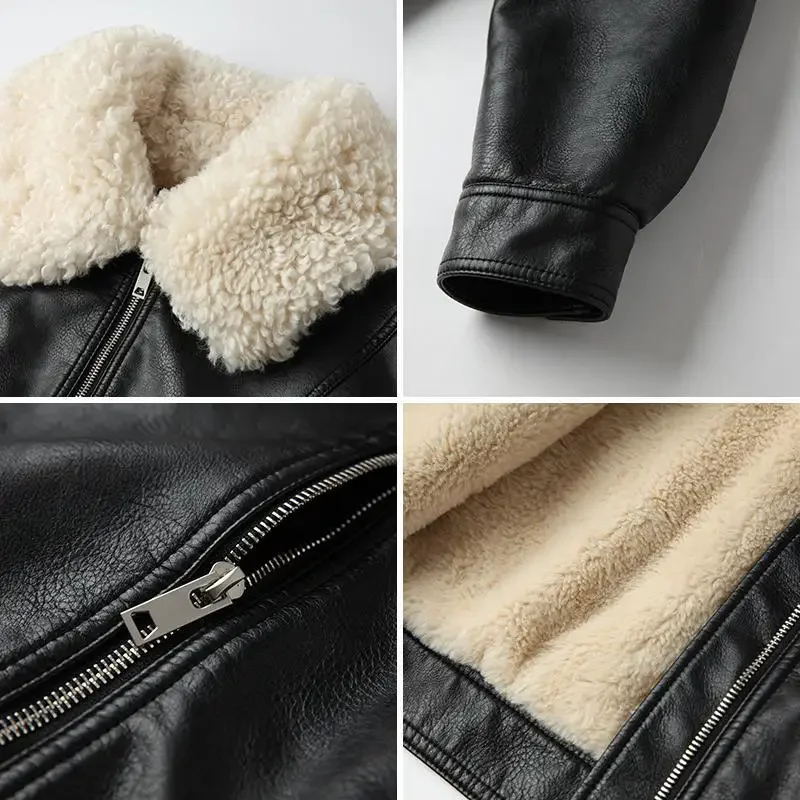 Women Winter Warm Faux Leather Jackets With Fur Collar Lady Black Motorcycle Biker Short Outerwear Coats Leather Jacket