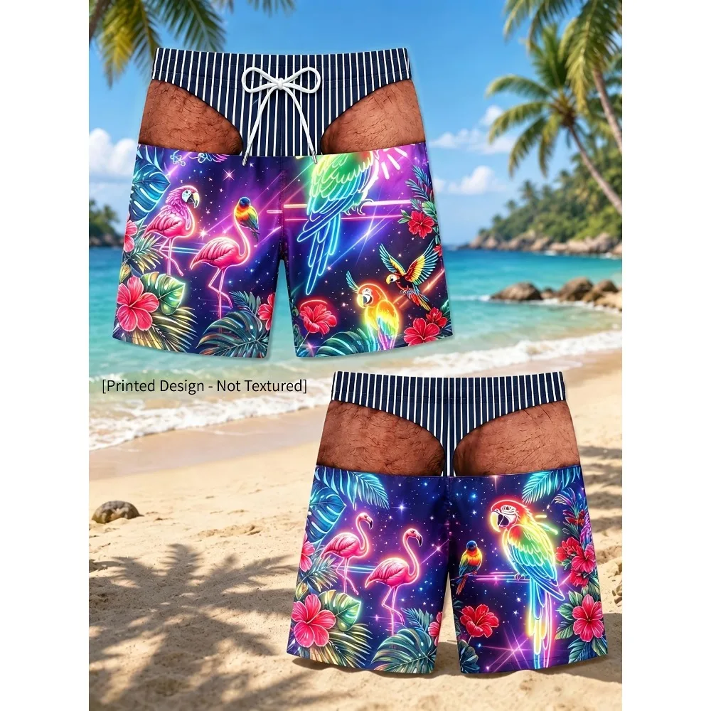 Men's Colorful Neon Tropical Bird Printed Board Shorts Black White Striped Waist Quick Dry Swimming Trunks