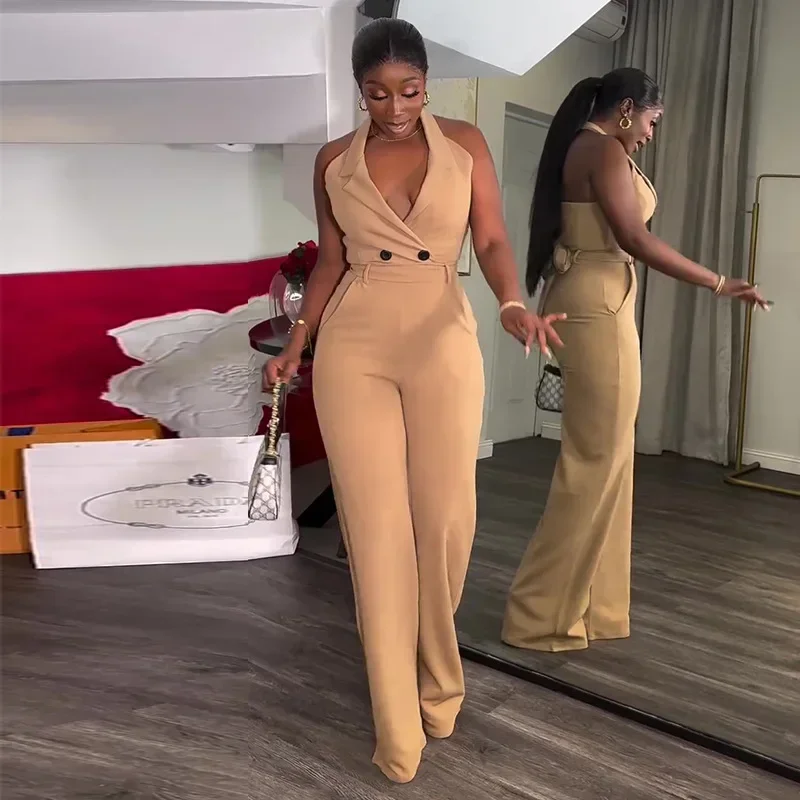 Women 2024 Fashion Double Breasted Halter Neck Backless Wide Leg Blazer Style Party Jumpsuit One Piece Suit Playsuits