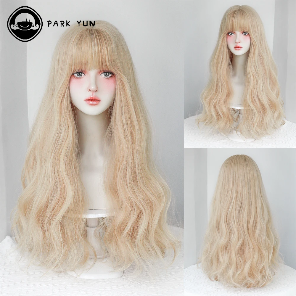 Gęsta długa fala peruka kobiety peruka z grzywką blond cosplay Lolita codzienna strona peruki syntetyczne włókno termoodporne naturalne sztuczne włosy