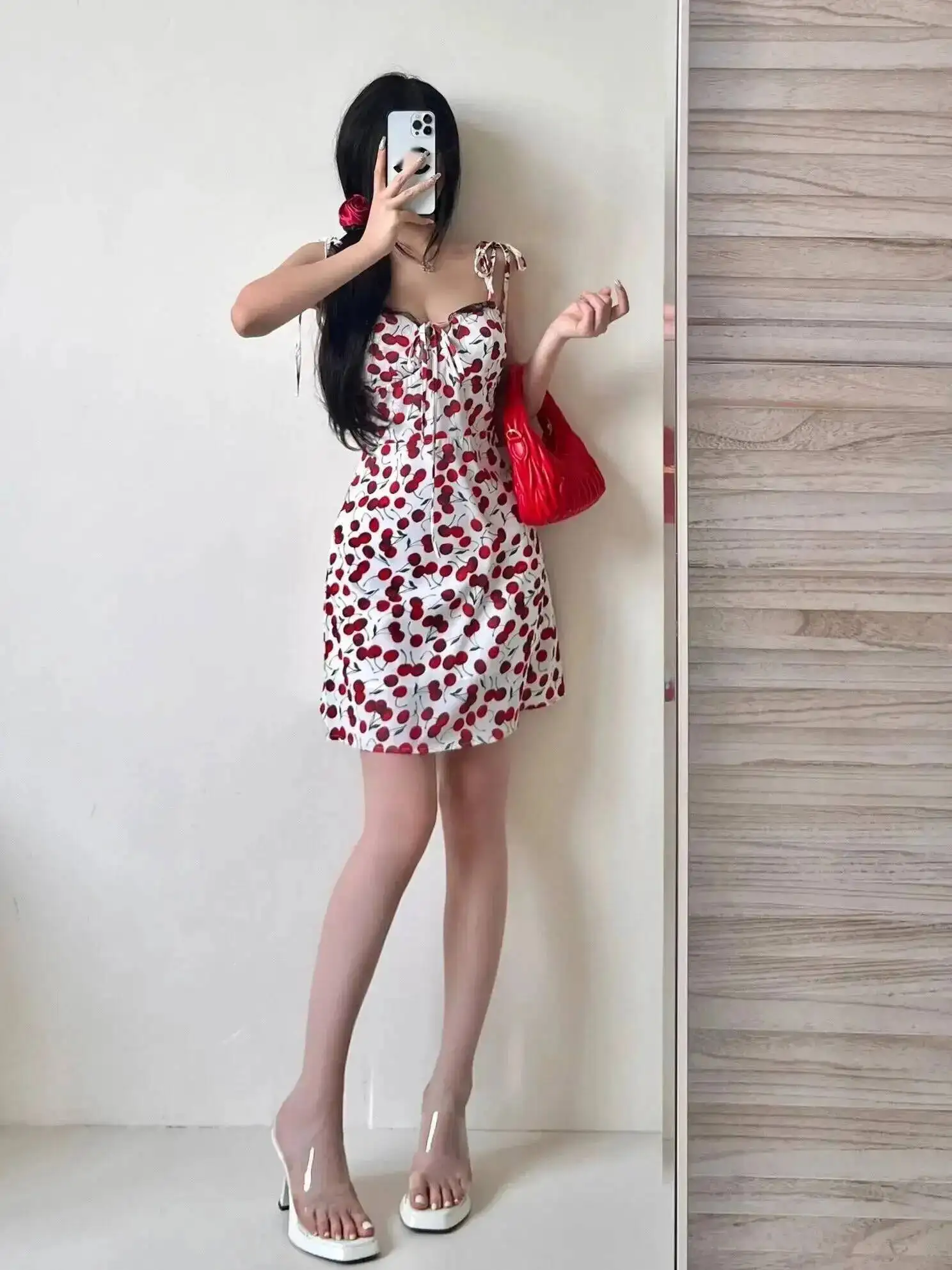 Cherry Skin Brightening Cherry Print Dress Elegant For Women Summer Sleeveless Camisole Dress Fashion Women Tops Sweet V60B